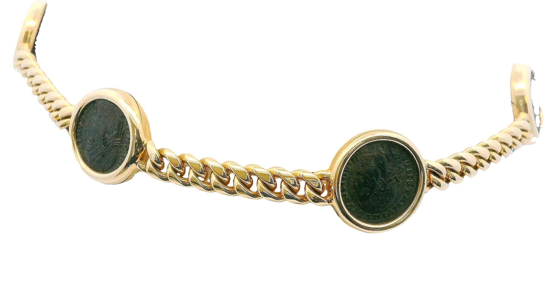 Bvlgari Monete Curb 18k Yellow Gold 7 Ancient Coin Necklace W/Service Papers