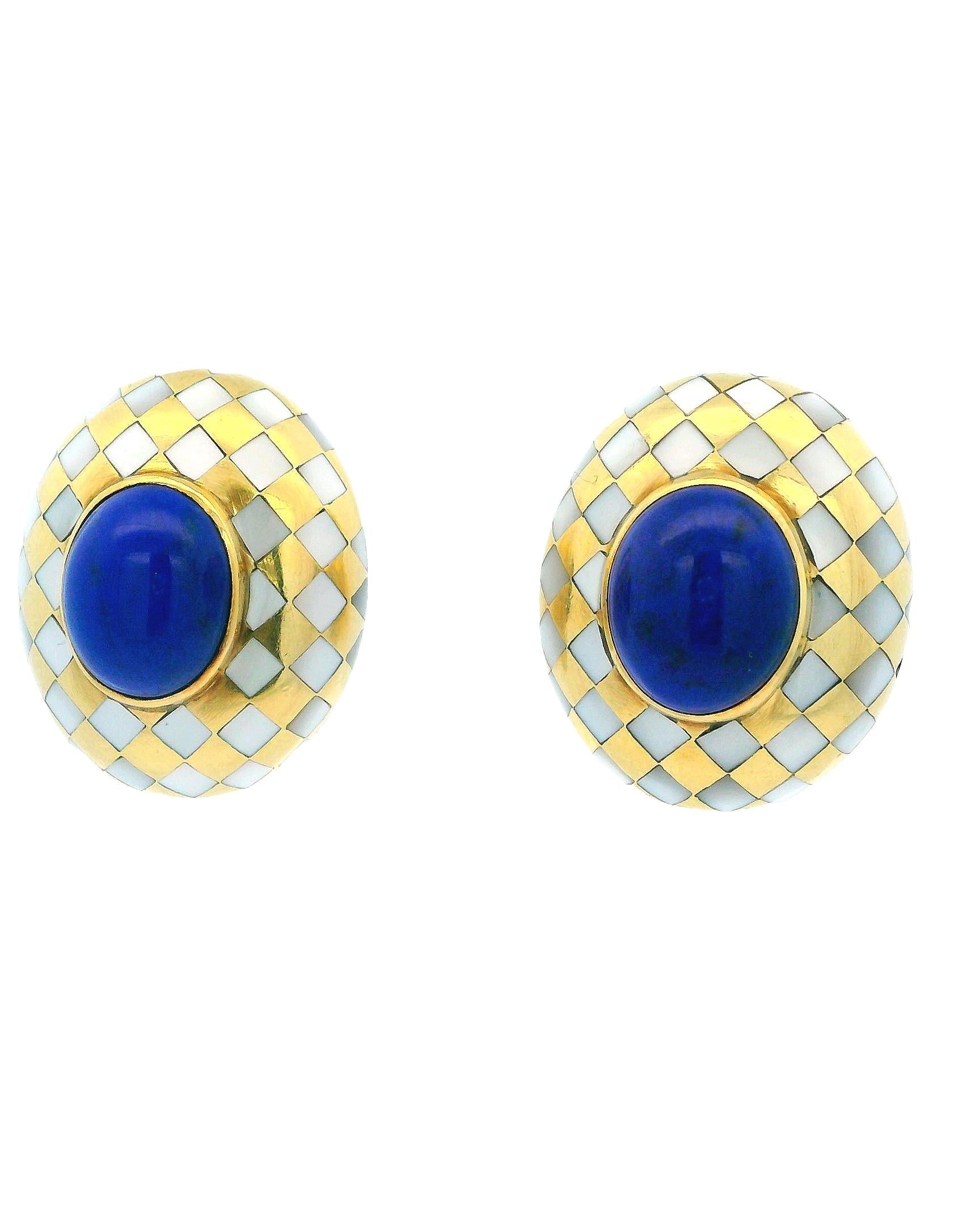 Angela Cummings Oval Clips MOP Grid Lapis Oval Cab Center 18k  Earrings