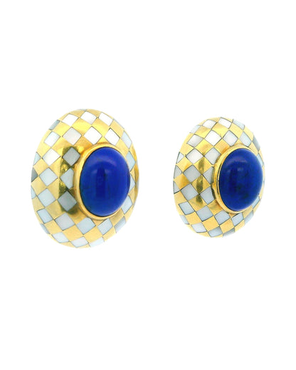 Angela Cummings Oval Clips MOP Grid Lapis Oval Cab Center 18k  Earrings