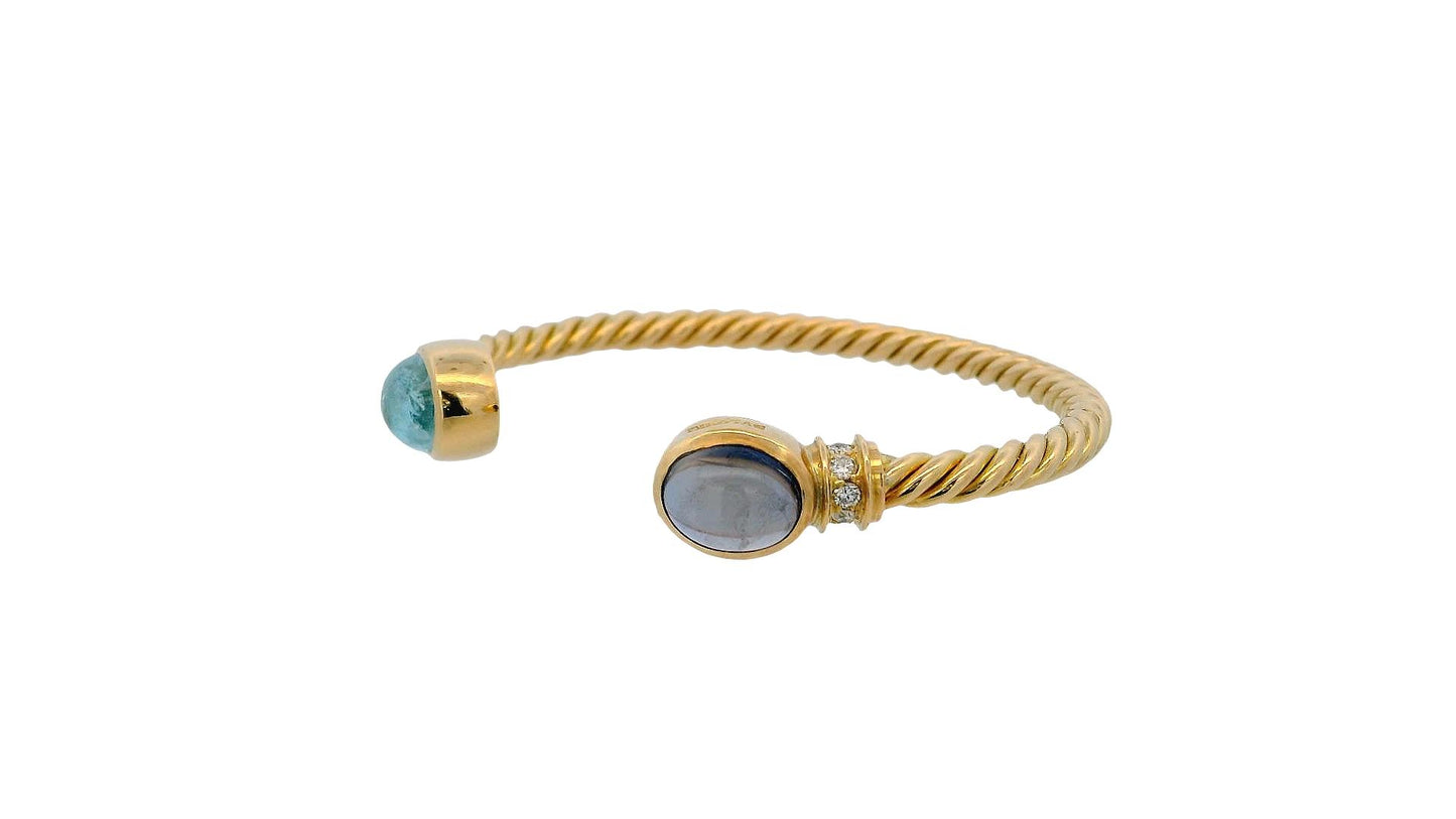Bvlgari Twist 18K Yellow Gold Cuff W/Aquamarine Amythyst & Diamond