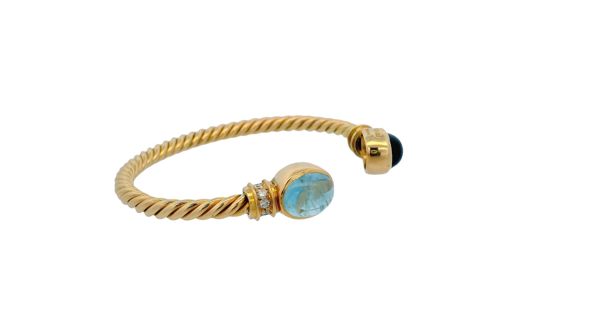 Bvlgari Twist 18K Yellow Gold Cuff W/Aquamarine Amythyst & Diamond