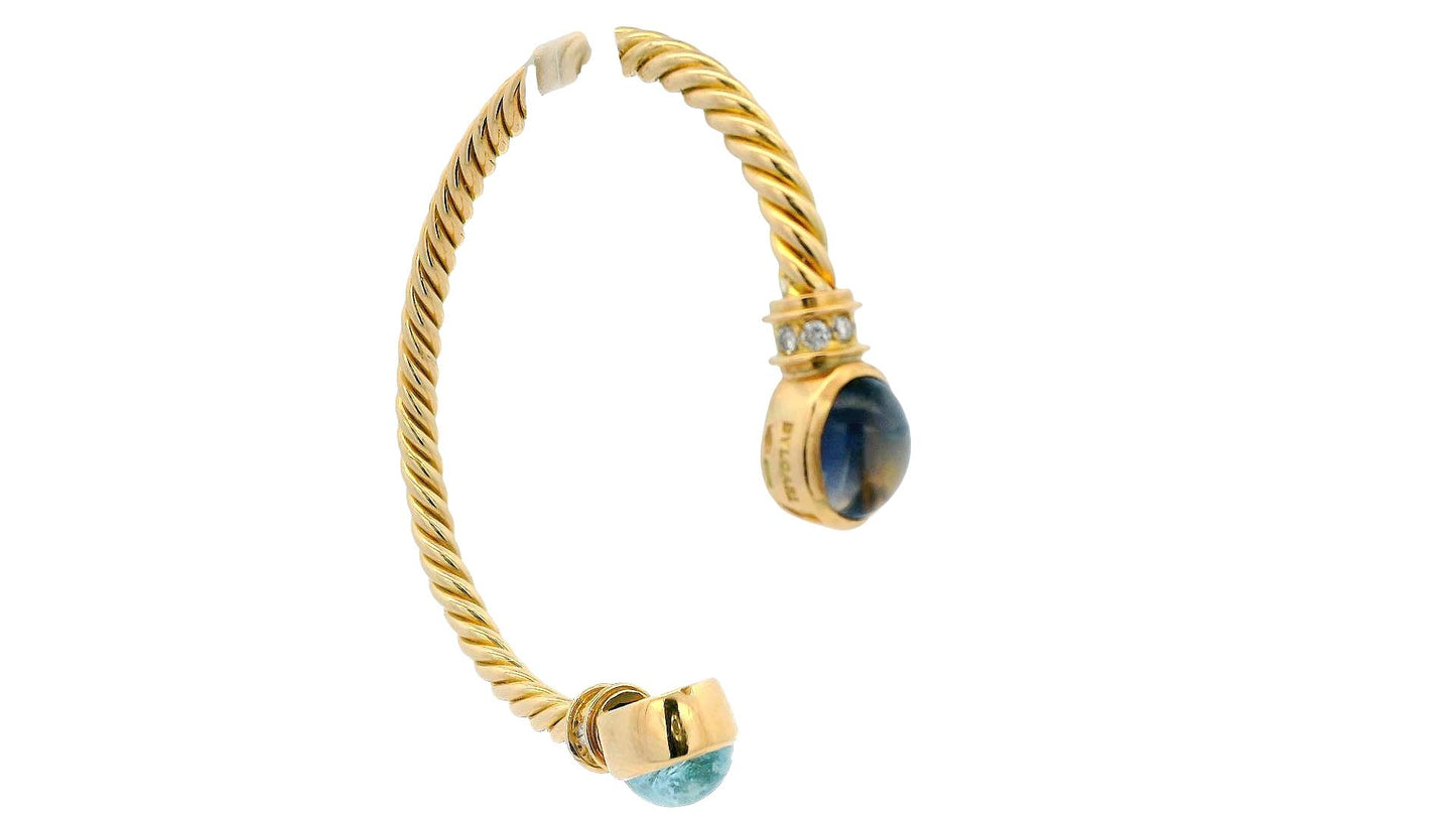Bvlgari Twist 18K Yellow Gold Cuff W/Aquamarine Amythyst & Diamond