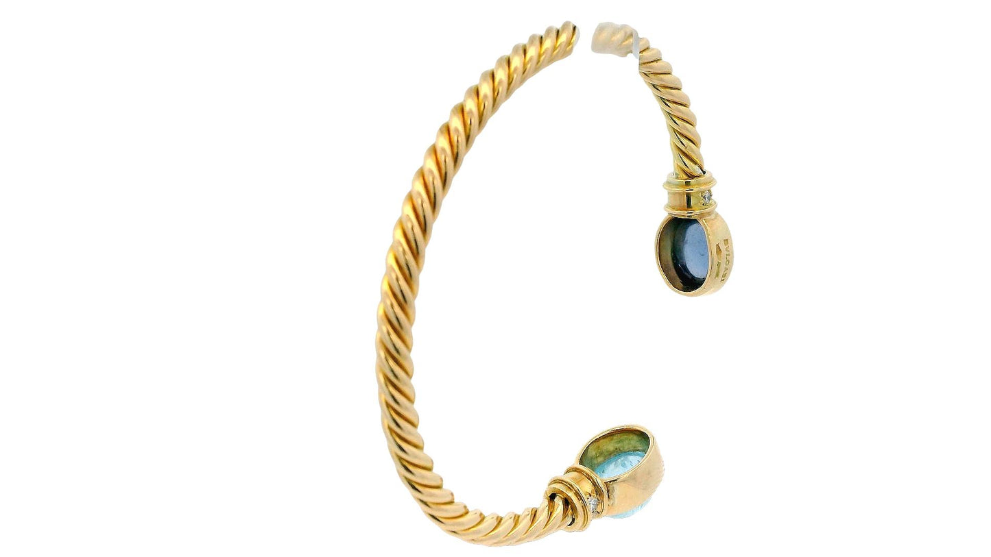 Bvlgari Twist 18K Yellow Gold Cuff W/Aquamarine Amythyst & Diamond