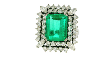 Emerald & Diamond Ring in 18K White Gold