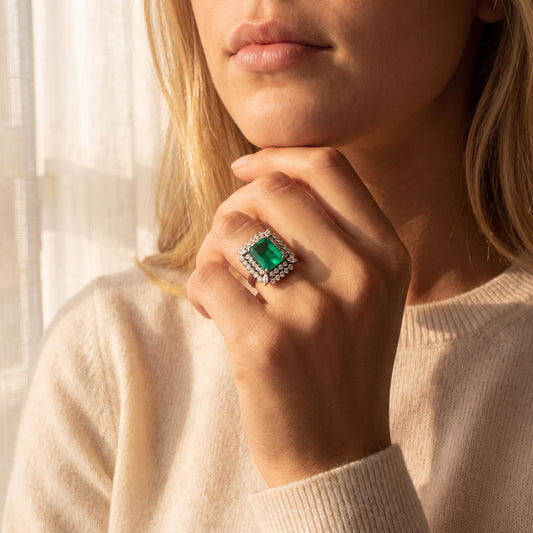 Emerald & Diamond Ring in 18K White Gold
