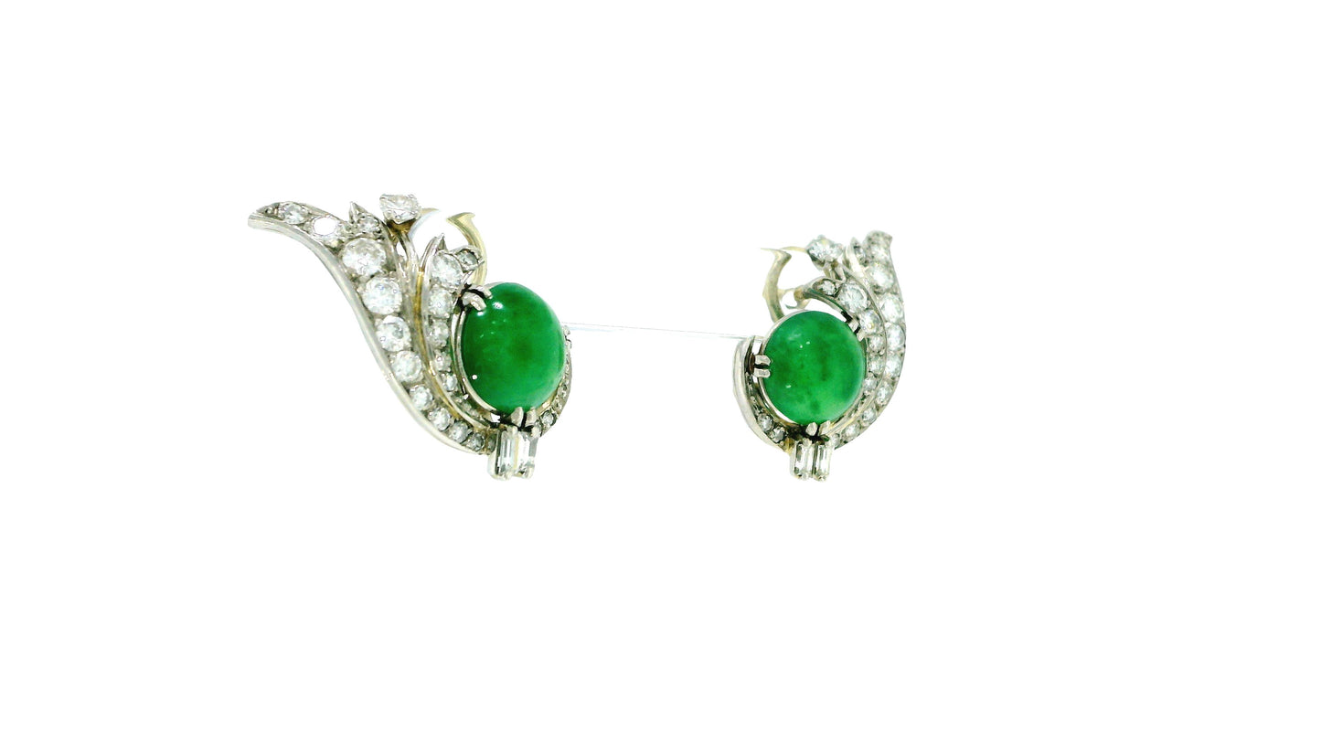 18k White Gold Teardrop Pave with Double Cabochon Jade GIA Certified Earrings