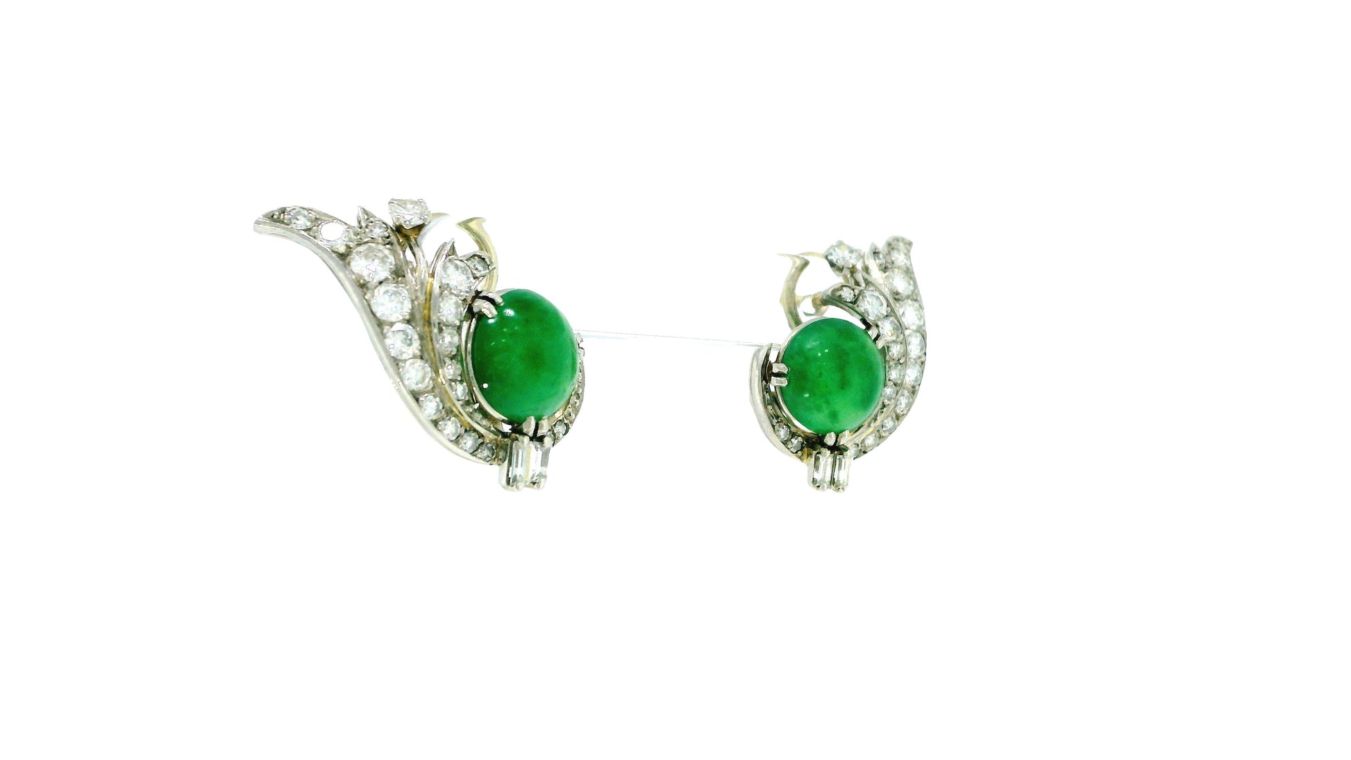 18k White Gold Teardrop Pave with Double Cabochon Jade GIA Certified Earrings