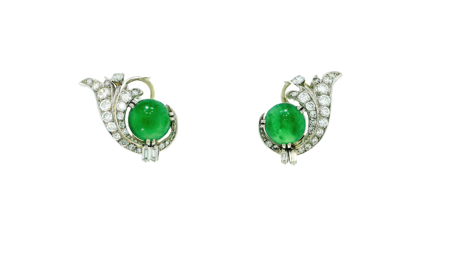 18k White Gold Teardrop Pave with Double Cabochon Jade GIA Certified Earrings