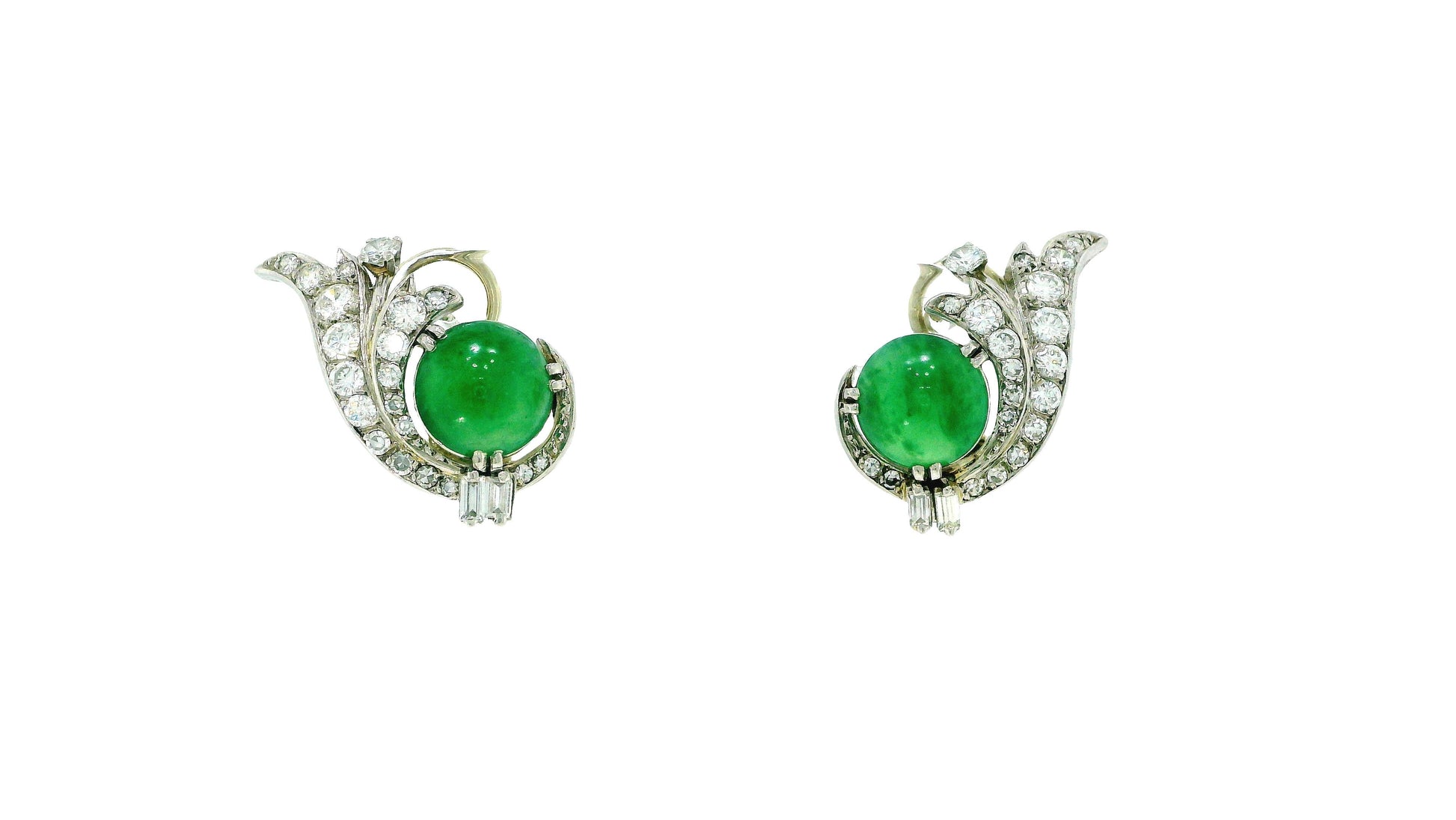 18k White Gold Teardrop Pave with Double Cabochon Jade GIA Certified Earrings