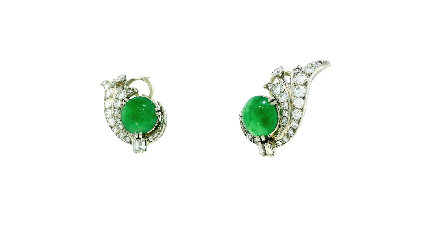 18k White Gold Teardrop Pave with Double Cabochon Jade GIA Certified Earrings