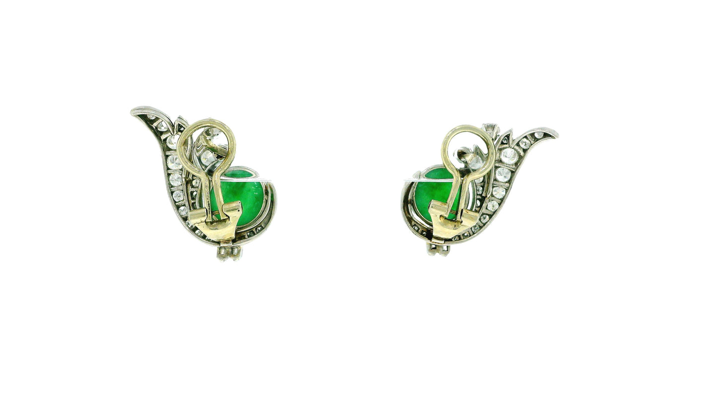 18k White Gold Teardrop Pave with Double Cabochon Jade GIA Certified Earrings