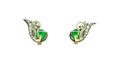 18k White Gold Teardrop Pave with Double Cabochon Jade GIA Certified Earrings
