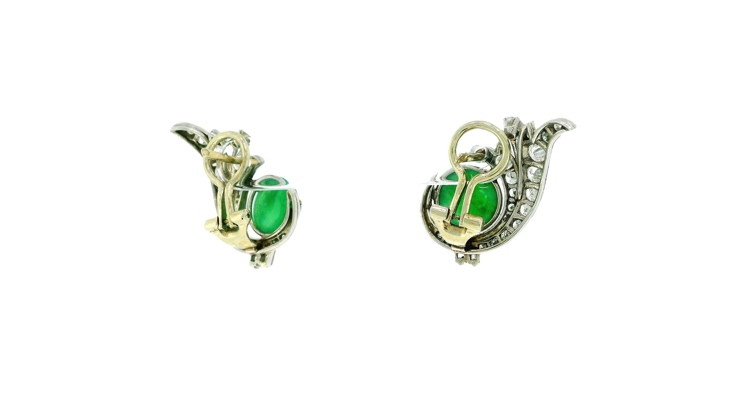 18k White Gold Teardrop Pave with Double Cabochon Jade GIA Certified Earrings