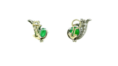 18k White Gold Teardrop Pave with Double Cabochon Jade GIA Certified Earrings