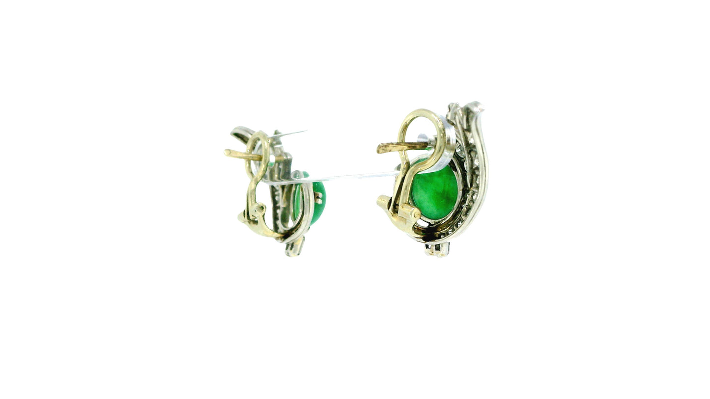 18k White Gold Teardrop Pave with Double Cabochon Jade GIA Certified Earrings