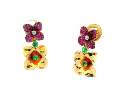 18k Pink Sapphire and Peridot Floral Earrings by Georg Hornemann