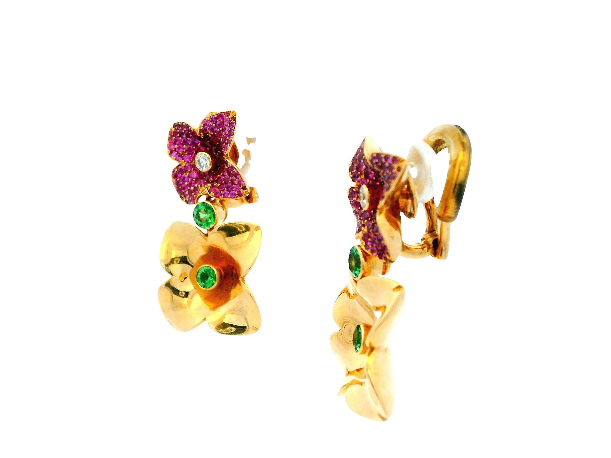 18k Pink Sapphire and Peridot Floral Earrings by Georg Hornemann