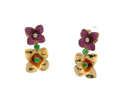 18k Pink Sapphire and Peridot Floral Earrings by Georg Hornemann