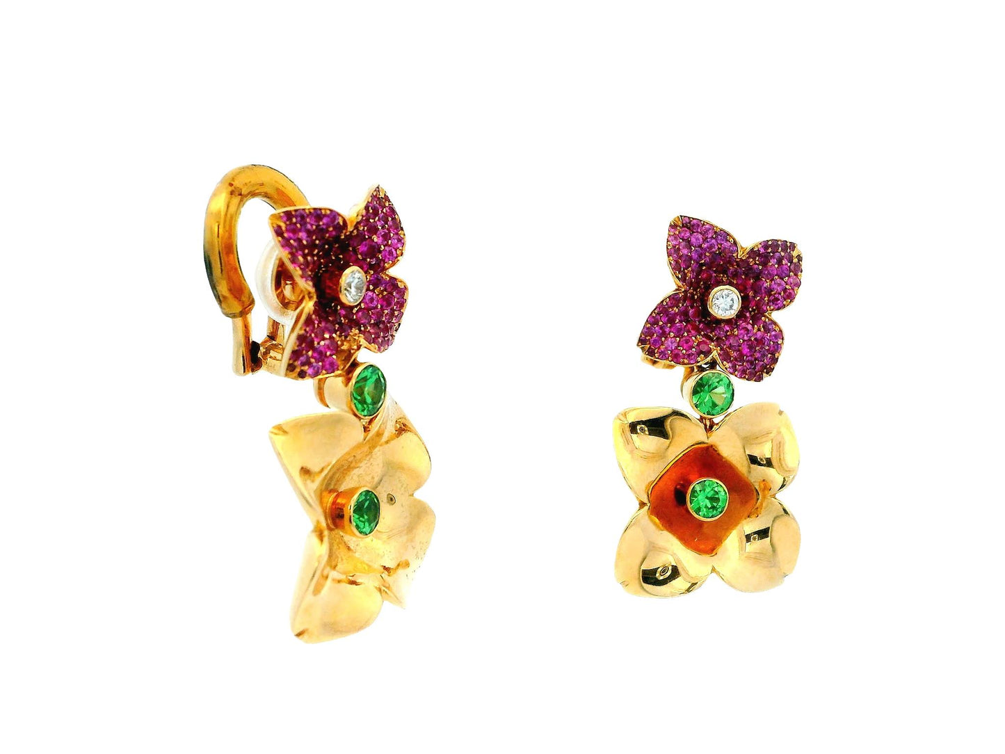 18k Pink Sapphire and Peridot Floral Earrings by Georg Hornemann