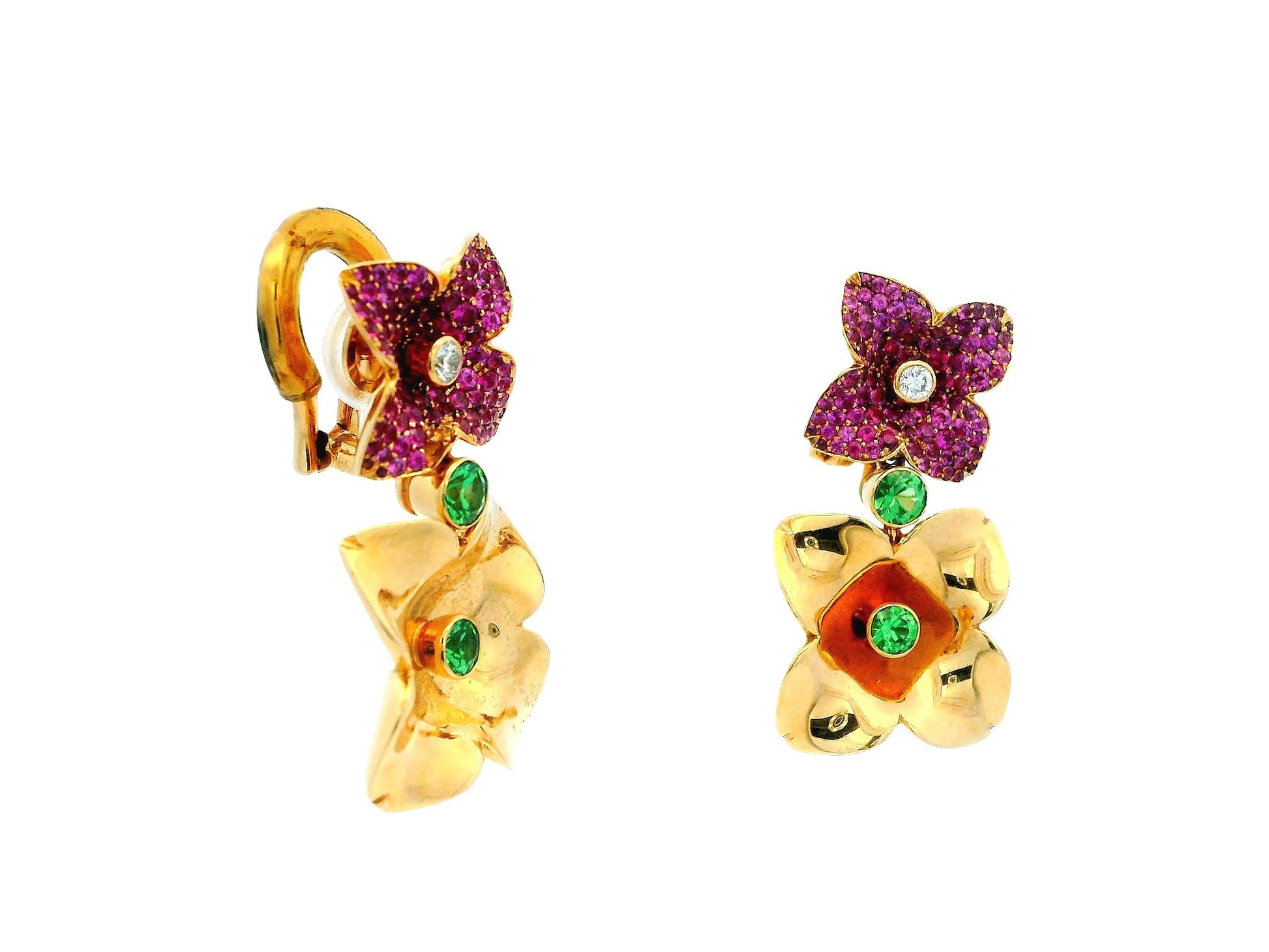 18k Pink Sapphire and Peridot Floral Earrings by Georg Hornemann