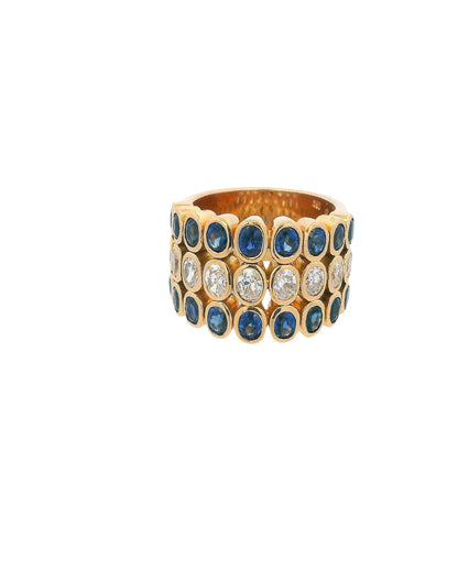 18k Yellow Gold Three row Ring with Sapphire & Diamonds