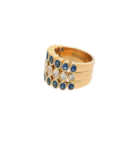 18k Yellow Gold Three row Ring with Sapphire & Diamonds