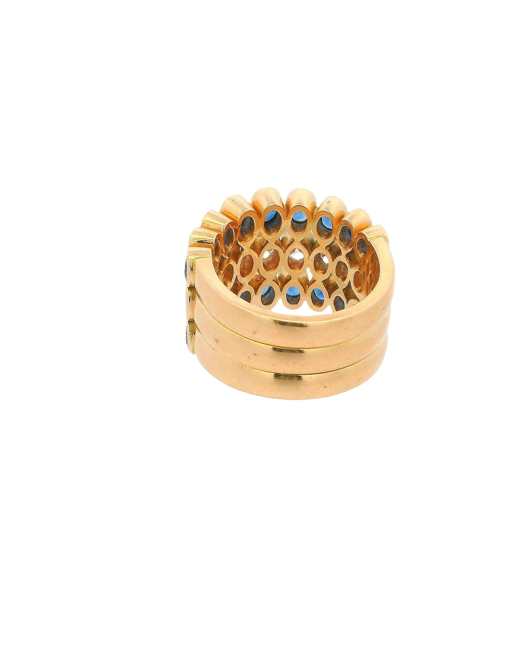 18k Yellow Gold Three row Ring with Sapphire & Diamonds