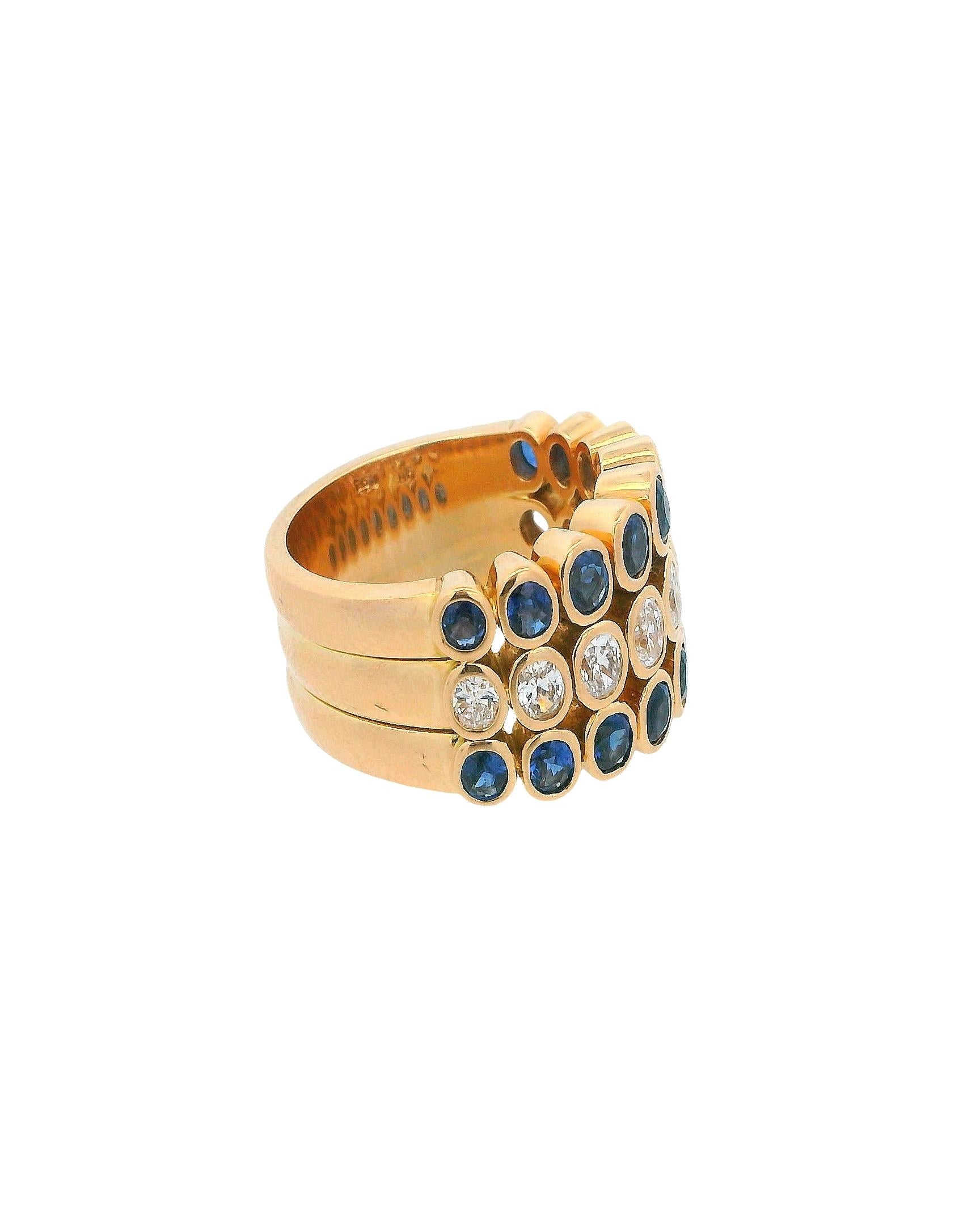18k Yellow Gold Three row Ring with Sapphire & Diamonds