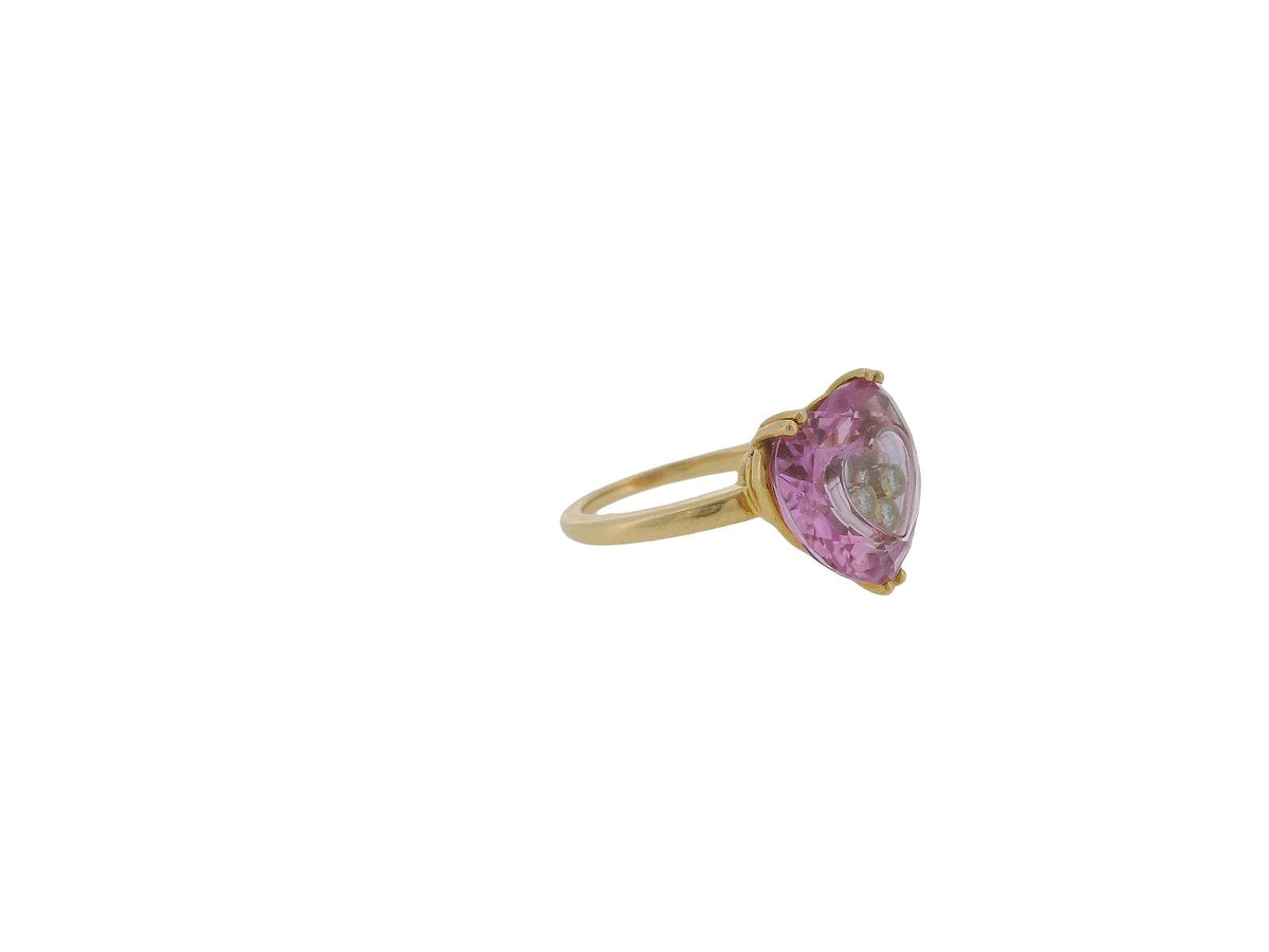 Chopard 18K Yellow Gold Pink Heart Shape Stone with Three Floating Diamond Ring