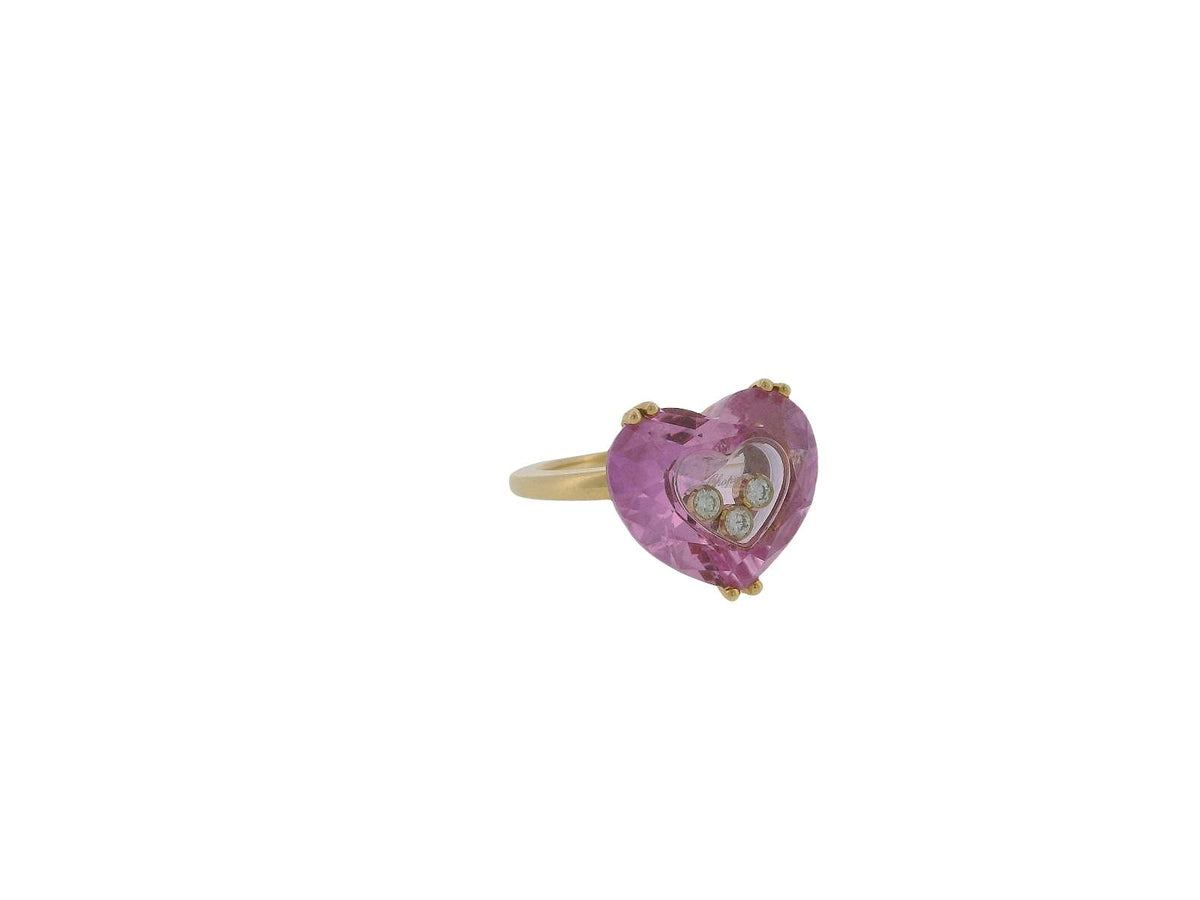 Chopard 18K Yellow Gold Pink Heart Shape Stone with Three Floating Diamond Ring