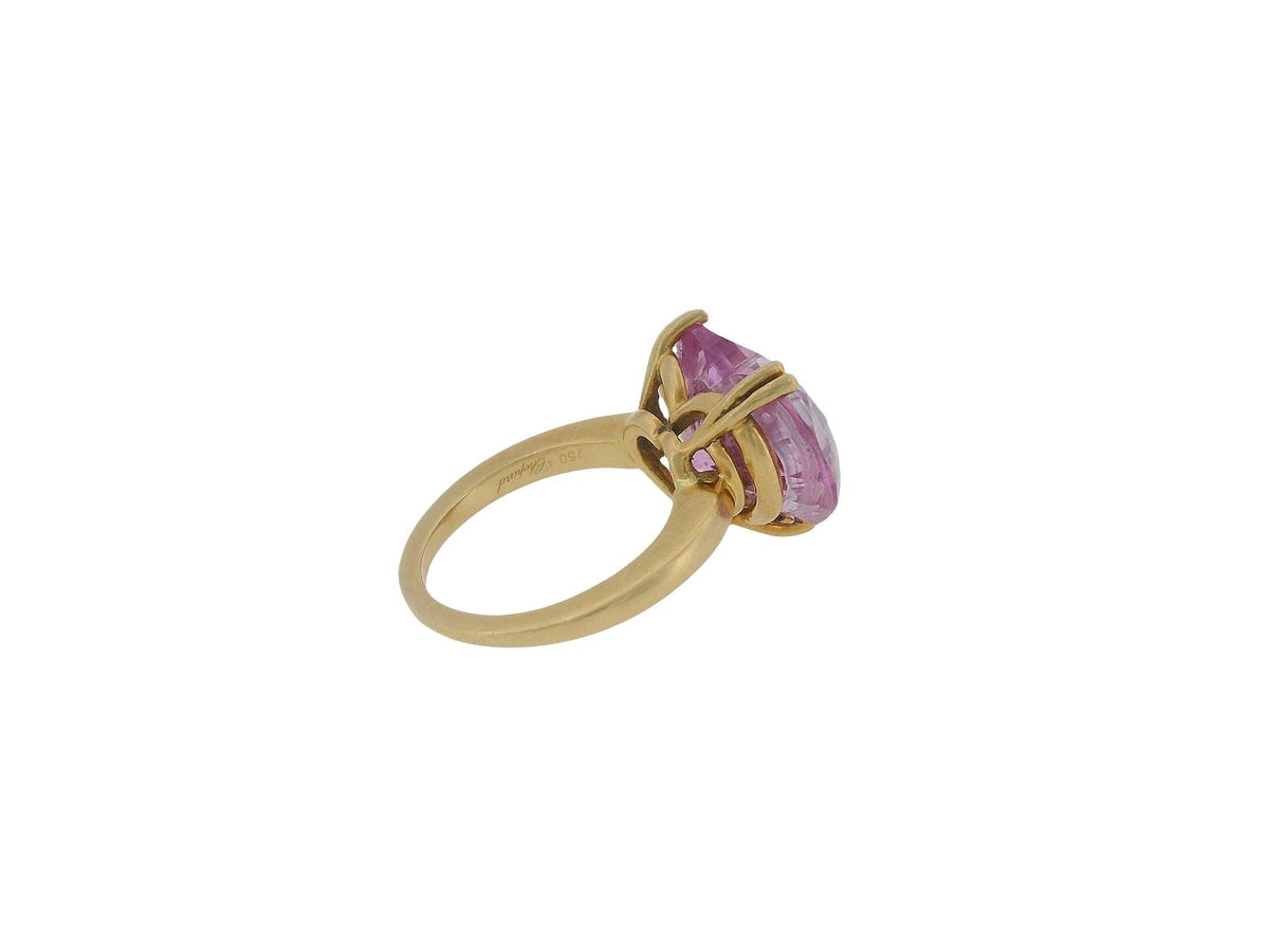Chopard 18K Yellow Gold Pink Heart Shape Stone with Three Floating Diamond Ring