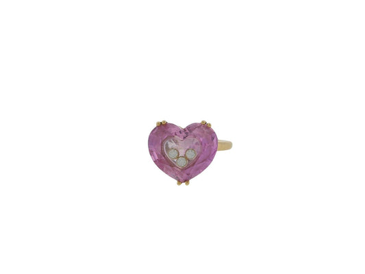 Chopard 18K Yellow Gold Pink Heart Shape Stone with Three Floating Diamond Ring
