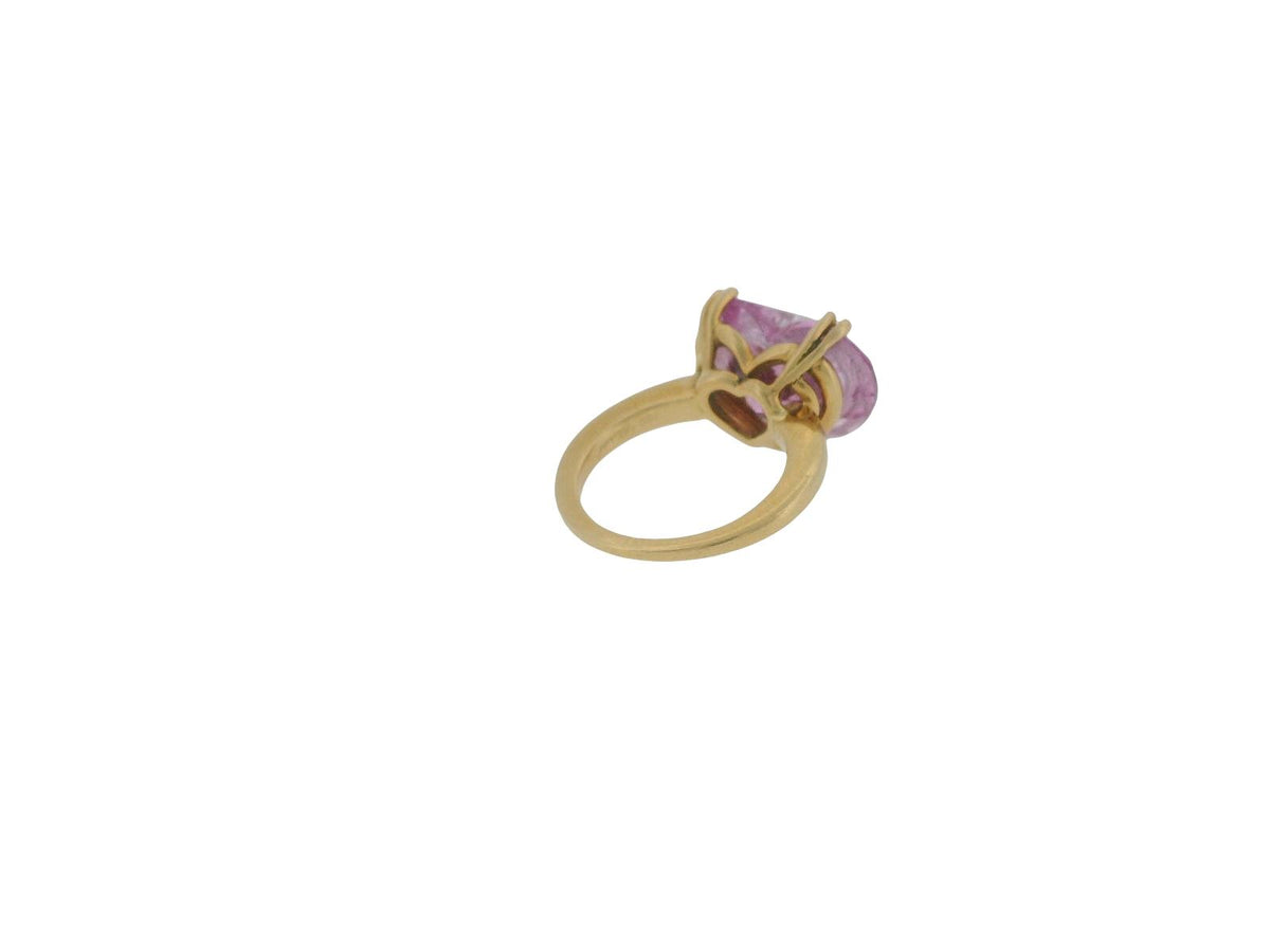 Chopard 18K Yellow Gold Pink Heart Shape Stone with Three Floating Diamond Ring