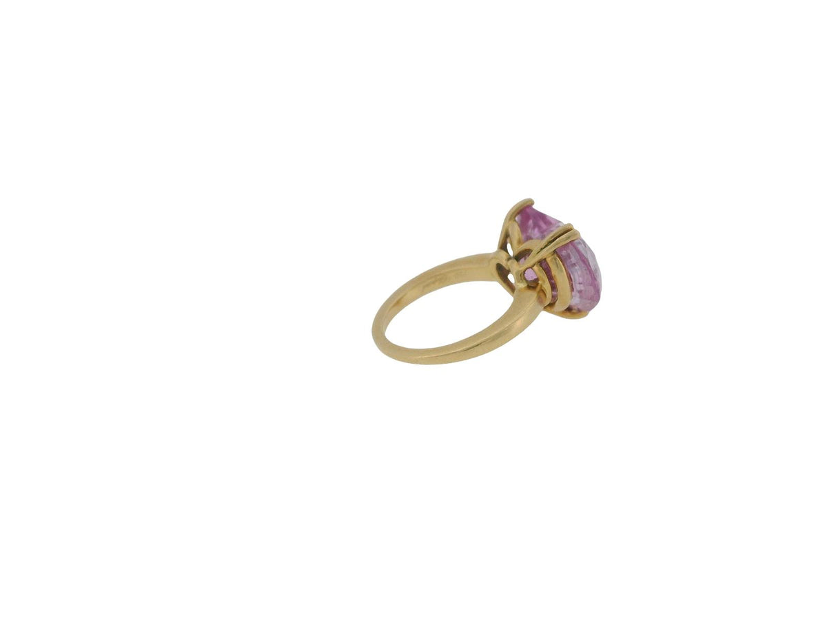 Chopard 18K Yellow Gold Pink Heart Shape Stone with Three Floating Diamond Ring