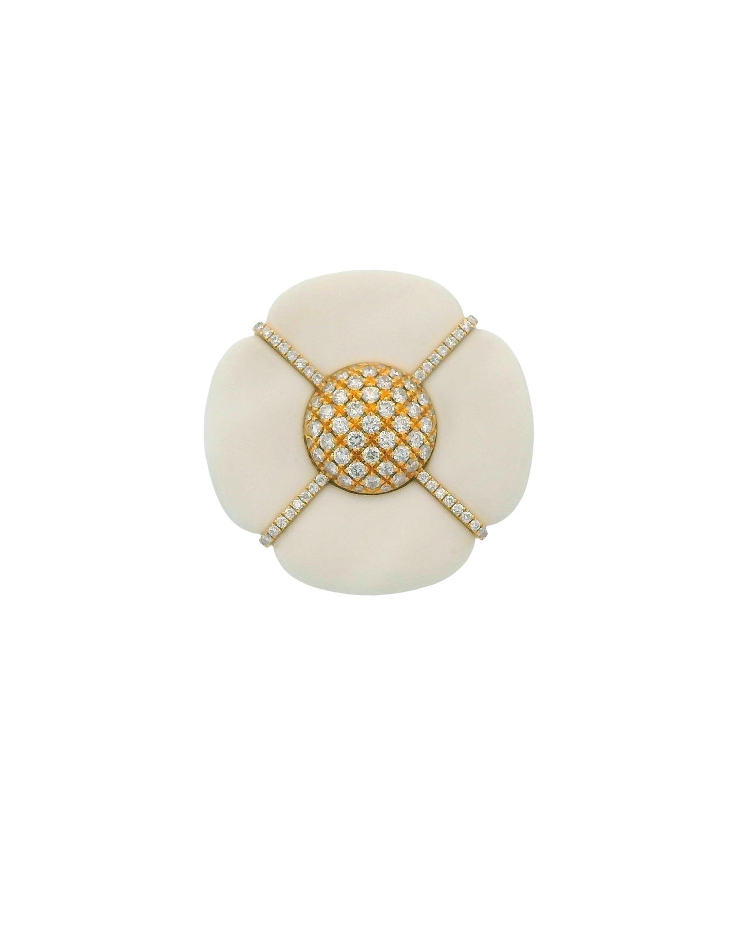 18k Yellow Gold & White Ceramic flower Pave "X" Ring