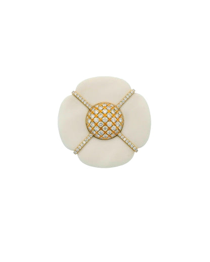 18k Yellow Gold & White Ceramic flower Pave "X" Ring