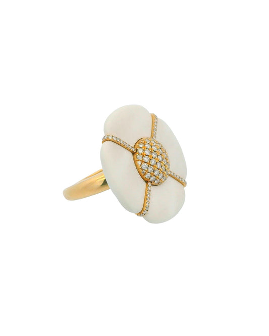 18k Yellow Gold & White Ceramic flower Pave "X" Ring