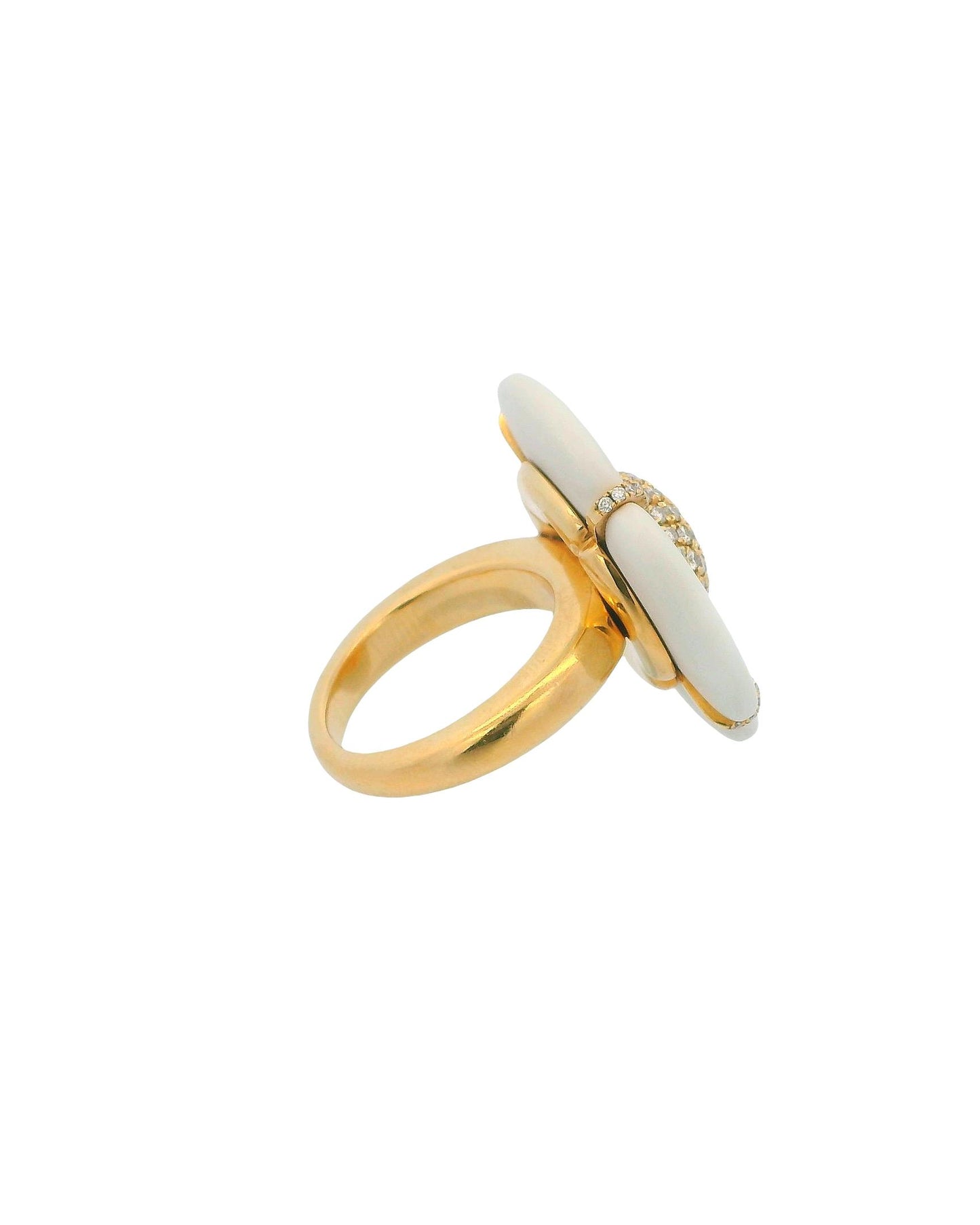18k Yellow Gold & White Ceramic flower Pave "X" Ring