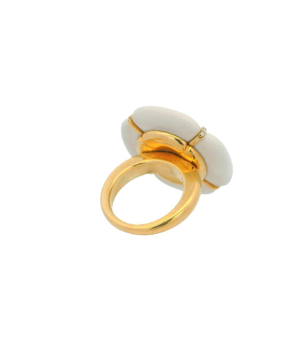 18k Yellow Gold & White Ceramic flower Pave "X" Ring
