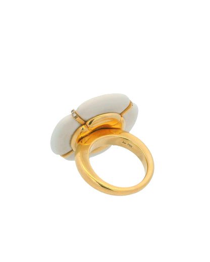 18k Yellow Gold & White Ceramic flower Pave "X" Ring