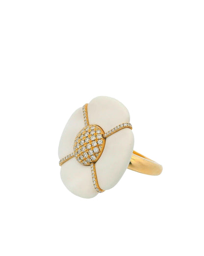 18k Yellow Gold & White Ceramic flower Pave "X" Ring
