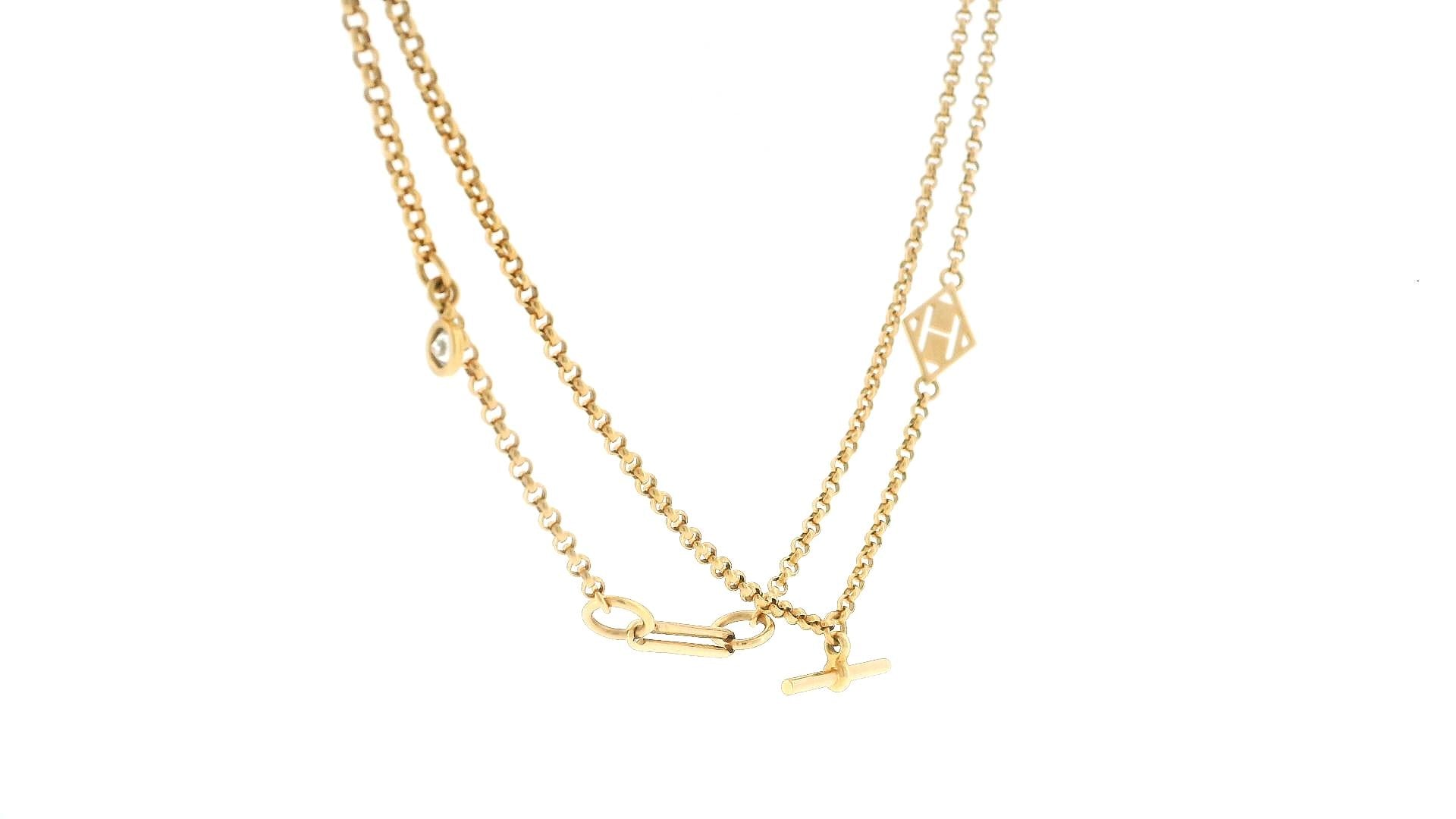 Hermès 18k Gold Double Chain with Diamond Accents and Round Tags Necklace