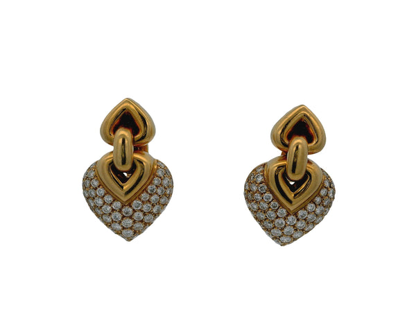 Bvlgari Doppio Cuore Diamond Heart Yellow Gold Drop Earrings