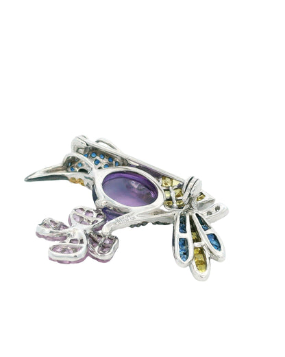 18K White Gold Bird Brooch W/Sapphire & Diamond & Centered Amethyst