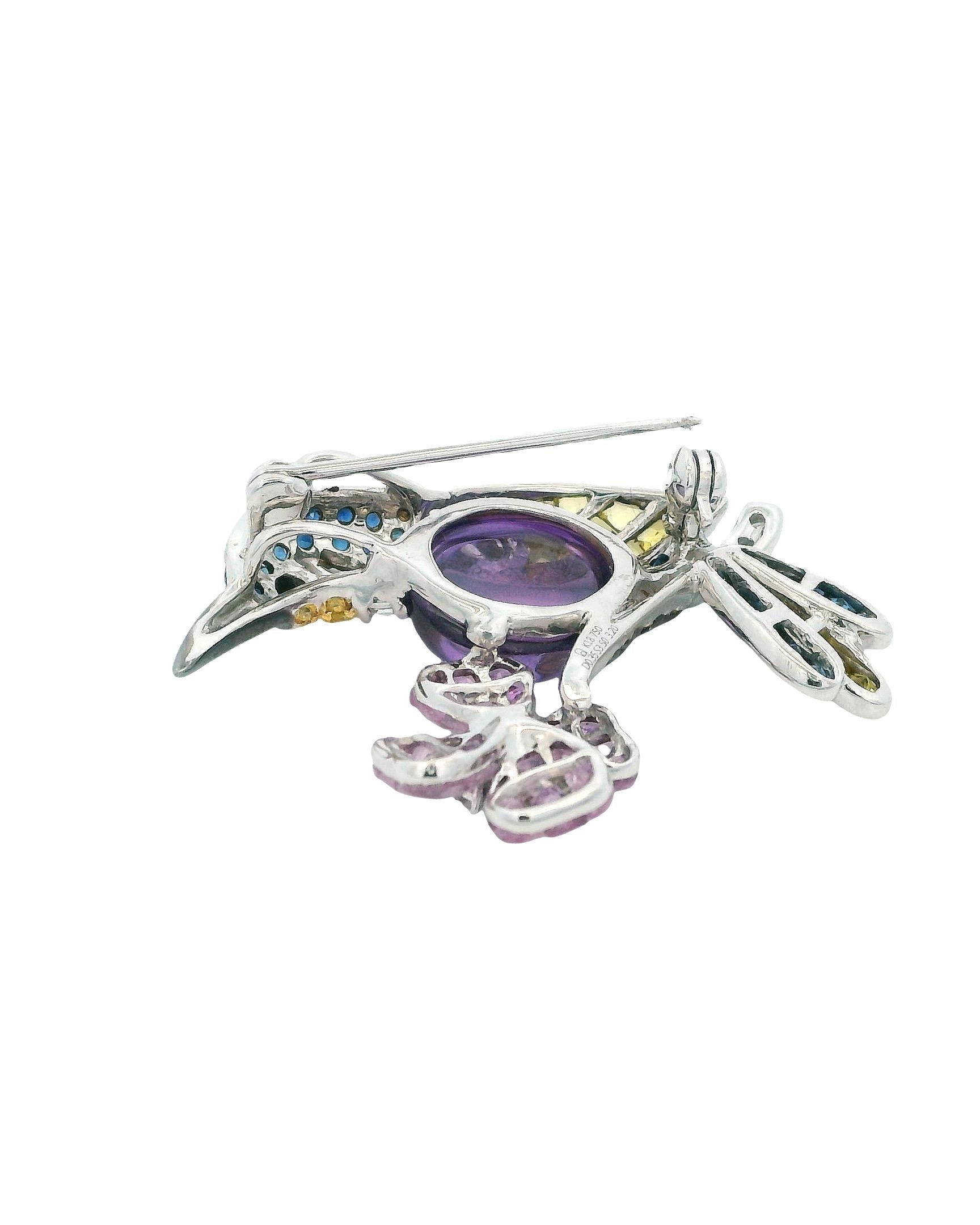 18K White Gold Bird Brooch W/Sapphire & Diamond & Centered Amethyst