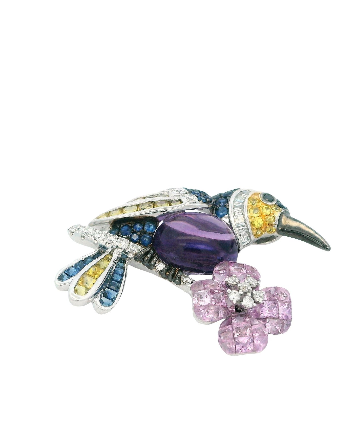 18K White Gold Bird Brooch W/Sapphire & Diamond & Centered Amethyst