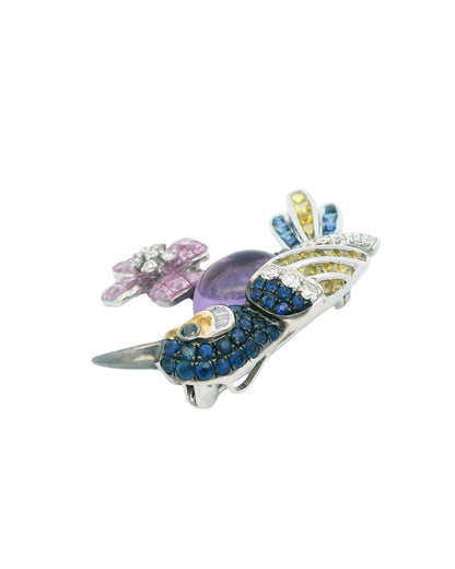 18K White Gold Bird Brooch W/Sapphire & Diamond & Centered Amethyst