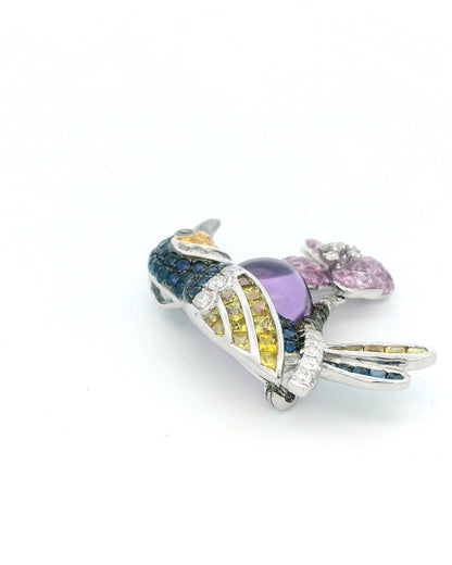 18K White Gold Bird Brooch W/Sapphire & Diamond & Centered Amethyst