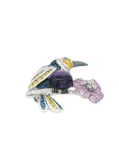 18K White Gold Bird Brooch W/Sapphire & Diamond & Centered Amethyst