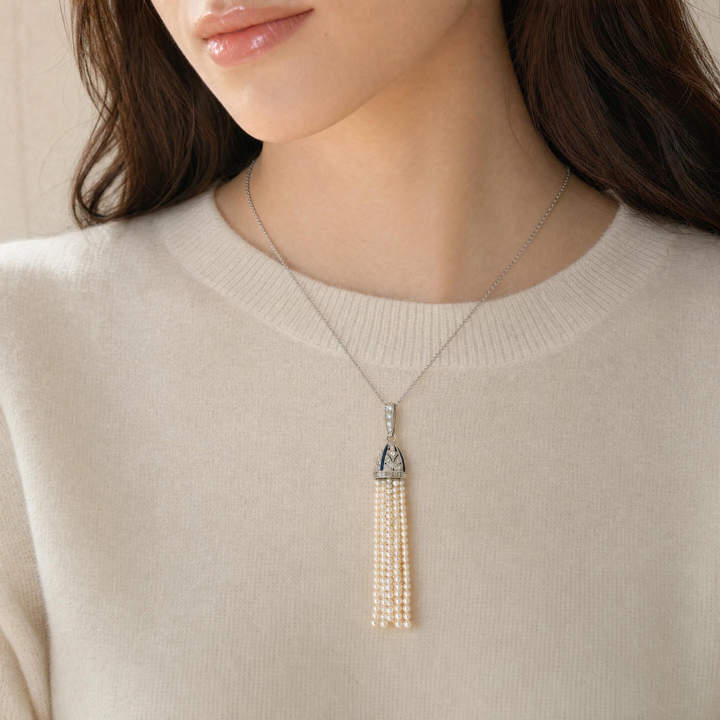 deco pendant pt w/ dias&sapphires natural prl tassels on later wg chain
